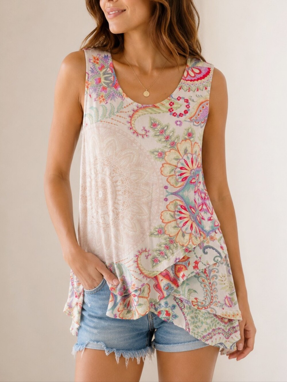Desigual Multi-Color Boho Mandala Paisley Sleeveless Layered Tank Top, S